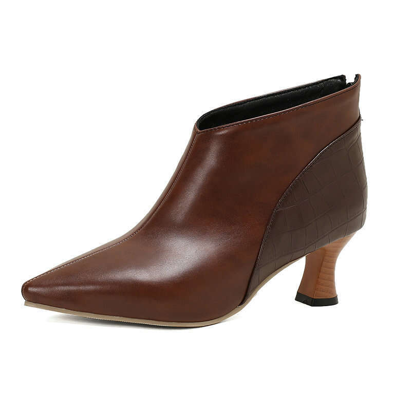 Spring And Autumn French Pointed Wood Grain Fine Ankle Boots Temperament Color Blocked Back Zipper Women's High Heels Single Shoes