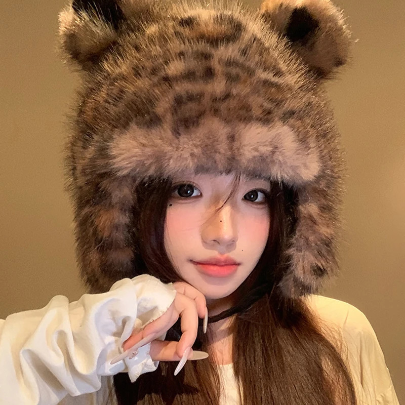 American mink leopard printed bear ear thunder wind hat for men and women winter plush warm ear protector Russian hat 241220
