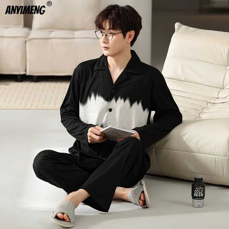 Autumn and winter mens cotton sleepwear long sleeved pants black and white sleepwear set plus size L-3XL lapel mens sleepwear W241221
