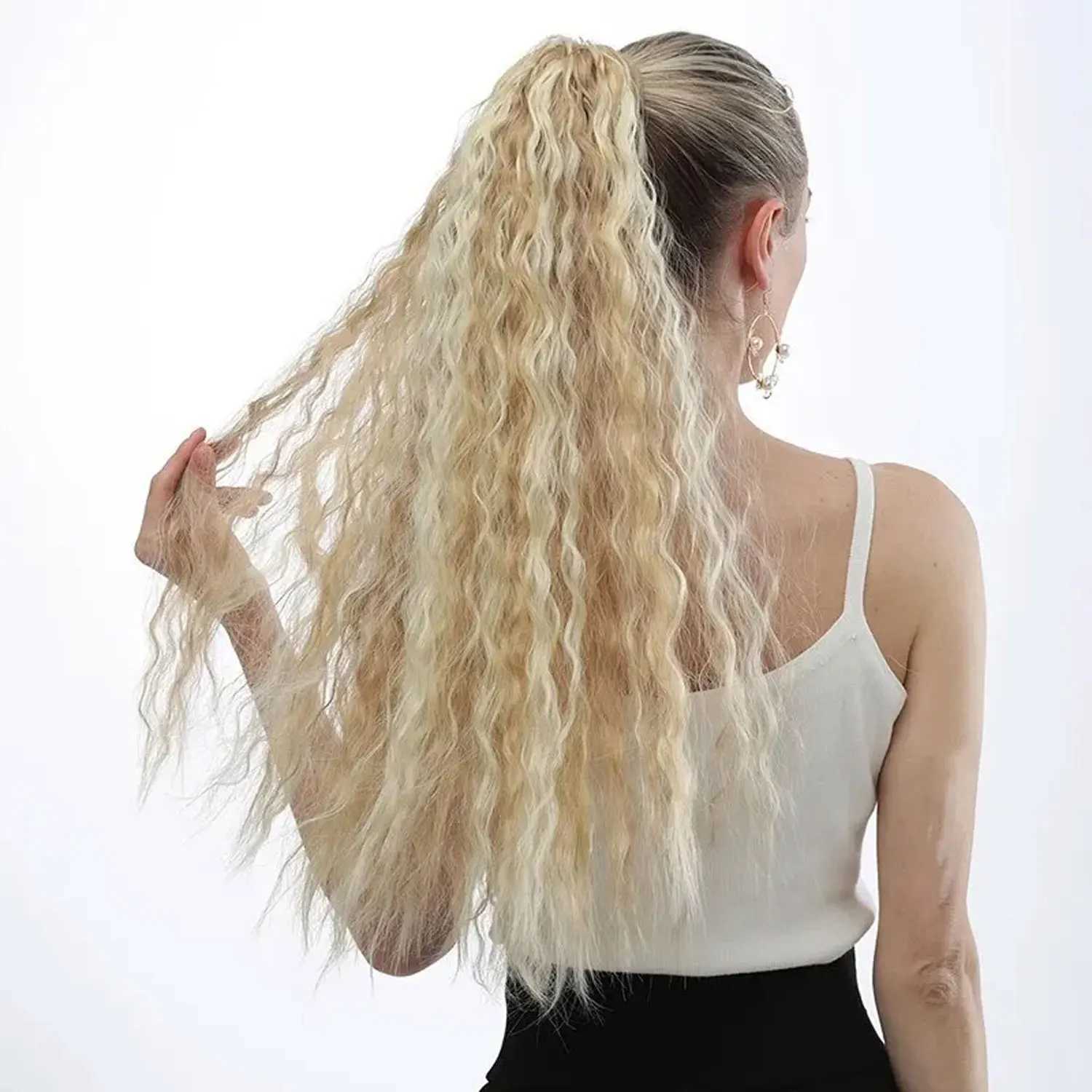 Synthetic Long Corn Wave Ponytail Extension Magic Paste Heat Resistant Wavy Wrap Around Ponytail Black Hairpiece for WomenXJ241221