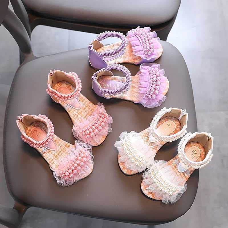 Sandals Girls Sandals Lace Pearl Zipper Sweet Summer Children Sliders Open Toe 21-36 Toddler Fashion Soft Dance Kids Sliders H241217