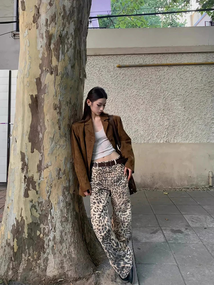 WCFCX STUDIO Leopard Print Womens Jeans High Waist Vintage Hip Hop Casual Straight Pants Streetwear Wide Leg Denim Trouser 241220