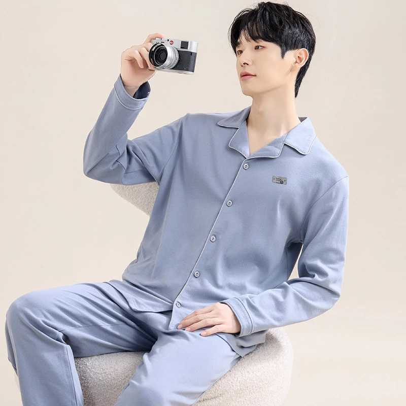 High quality 100% pure cotton mens sleepwear set for autumn and winter comfortable and warm soft spandex mens spring long sved sleepwear W241221