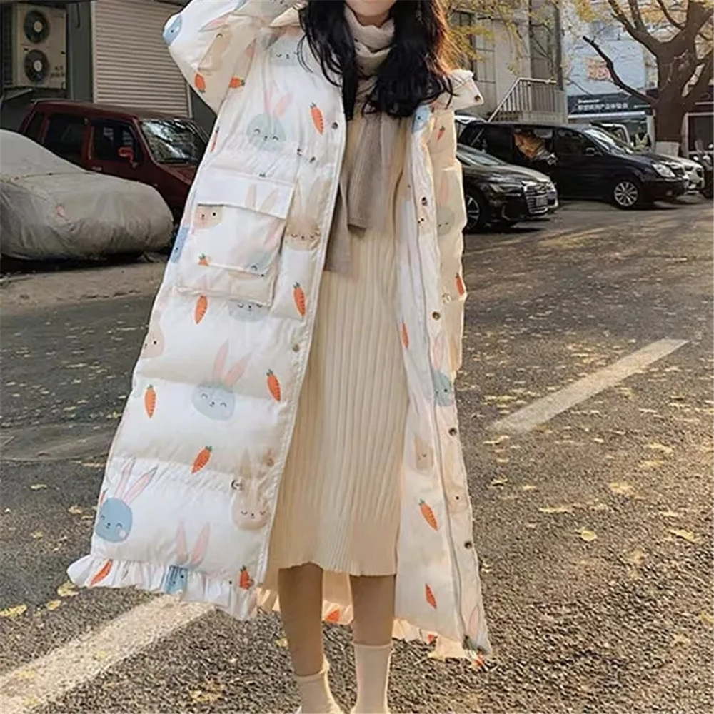 Vestidos De FiestaWomen'S Rabbit Ear Cotton , Over Knee Loose Fishtail Coat, Sweet Girl, Cute, Winter, New Fashion, 2024
