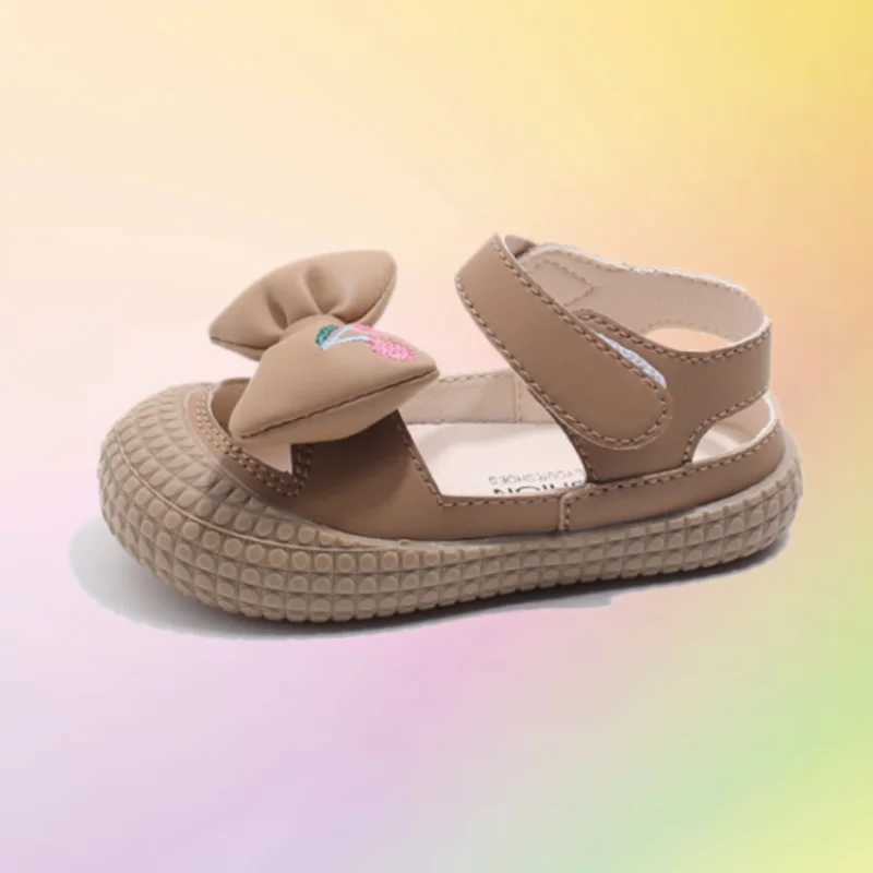 Sneakers Girls Fashion Sandals Beige Bow Girls Baby Toddler Shoes Summer New Khaki Lightweight Non-slip Childrens Sandals Girl Shoes H241221