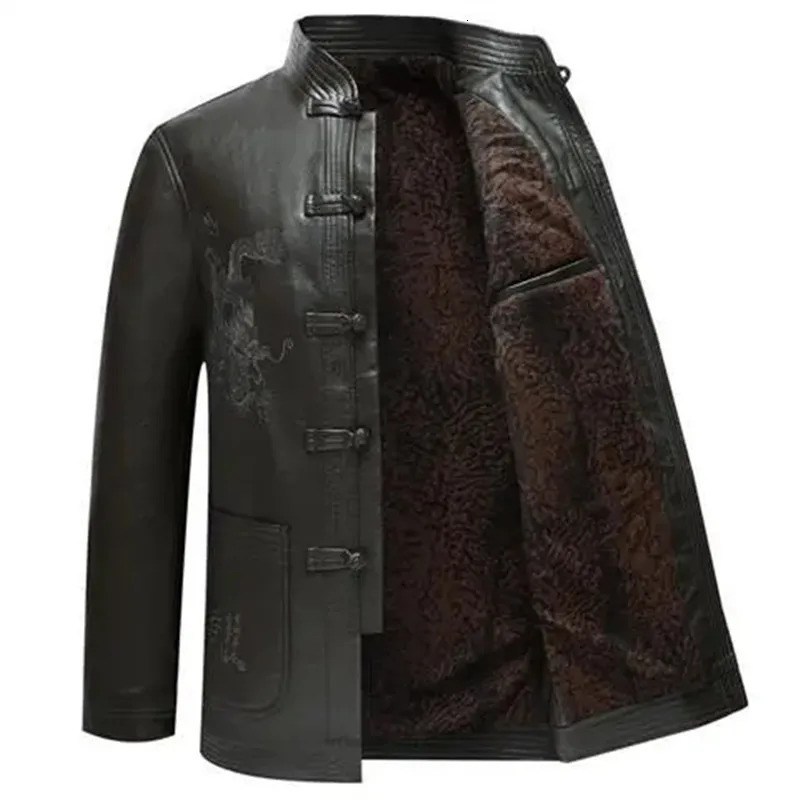PU Leather Jacket Tang Suit Men Plus Velvet Thick Loose Cotton Coat Winter Stand Collar Casual Disc Buckle Outerwear 241216