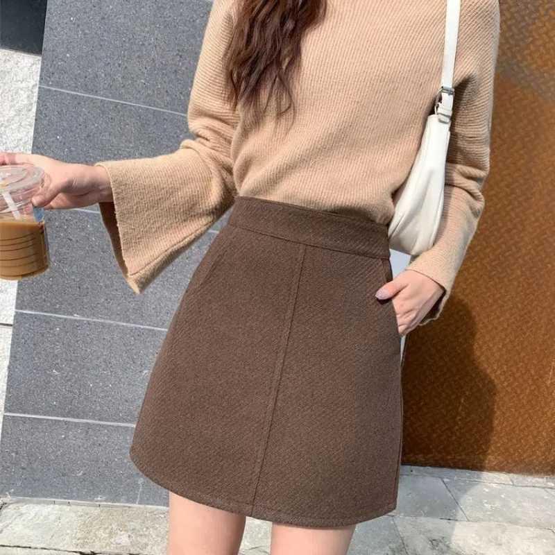 Simplicity Office Lady Autumn Winter Woolen Women Thicken Solid Zipper Pocket Vintage Fashion High Waist Short Slim A-line SkirtXJ241221