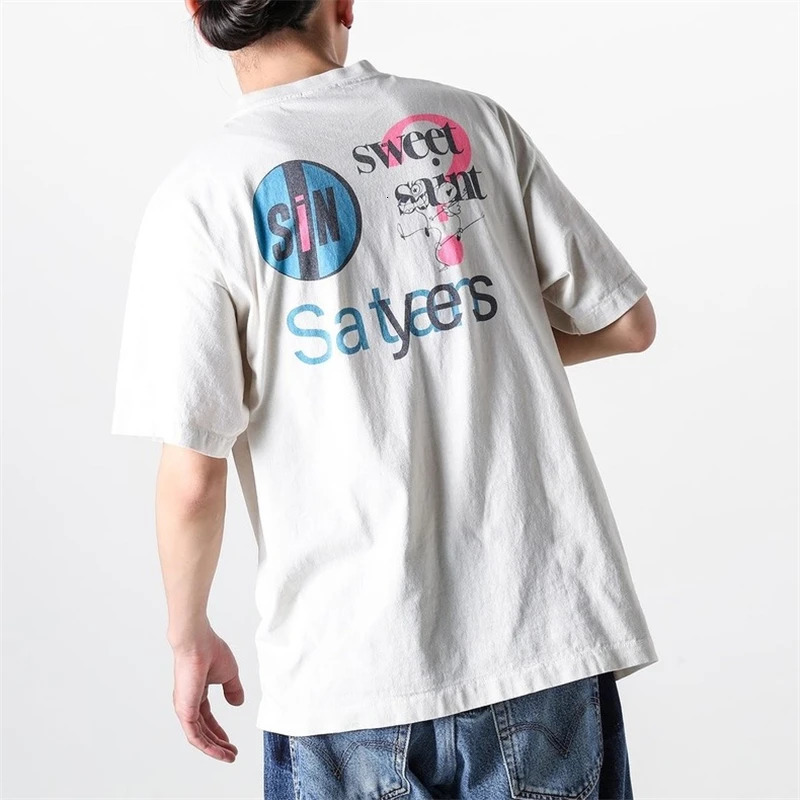 Vintage Letter Double sided Printed Washed High Street Short Sleeve Japanese Casual Loose Pure Cotton Tshirt 241217