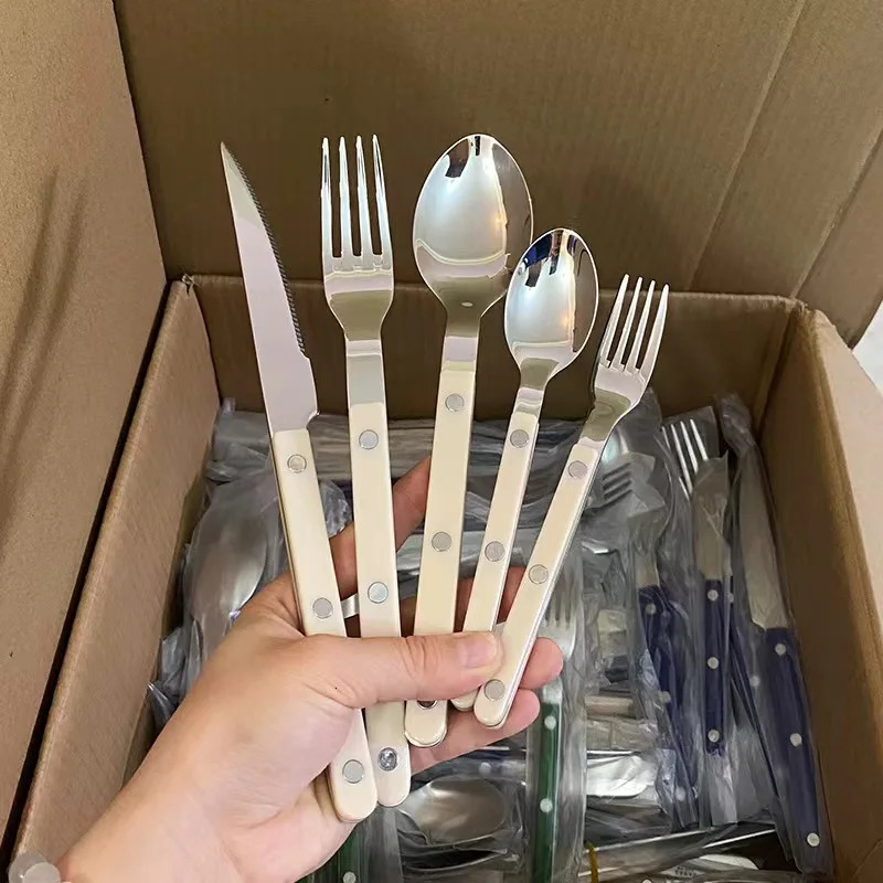 Fashion color handle 304 tableware set 18/10 stainless steel creative gift flat knife fork spoon descent boat 241220