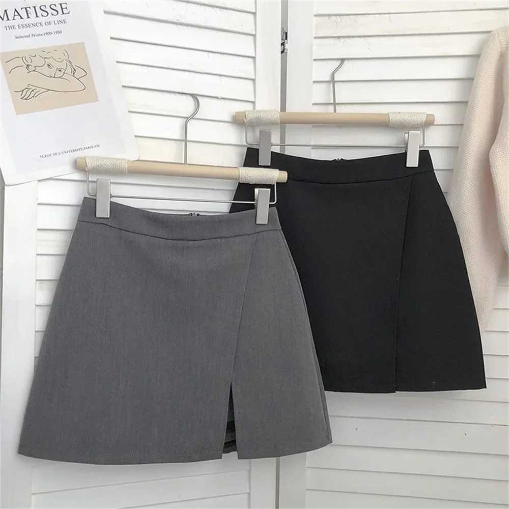 Korean Fashion Zipper All Matched Shorts Skirts vintage for women 2024 Black Grey Irregular Skirt A-line Women High Waist SkirtXJ241221