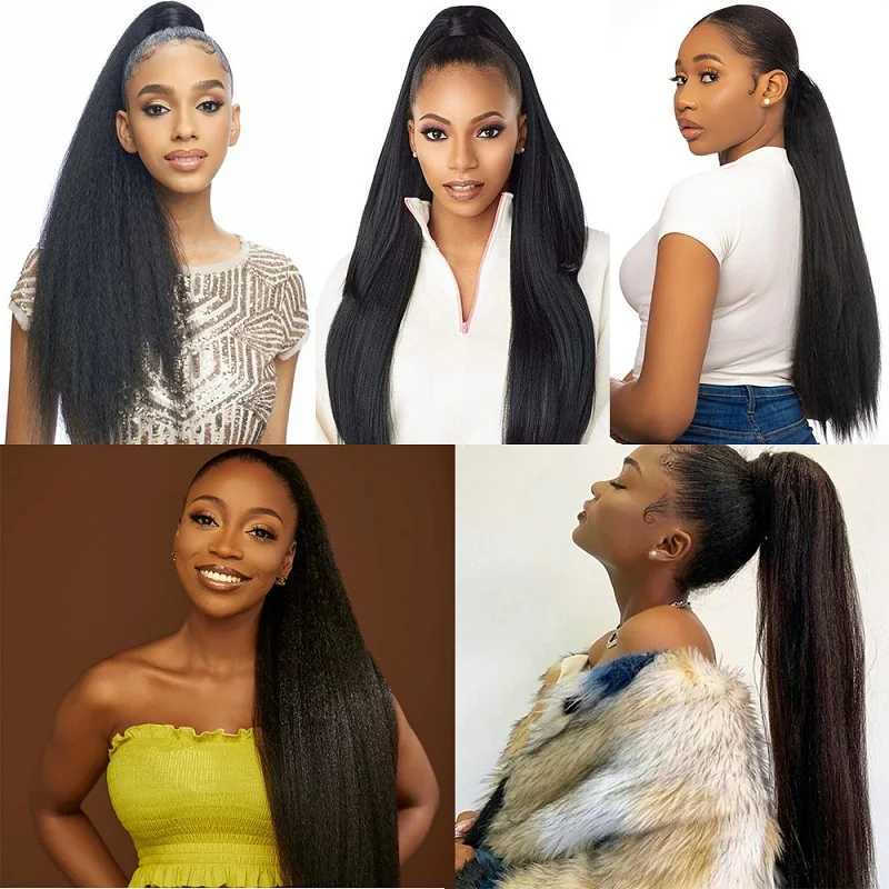 22Inch Synthetic Afro Long Straight Ponytail Hair Extension Yaki Drawstring Wrap Clip Hair Black Hairpiece for WomenXJ241221