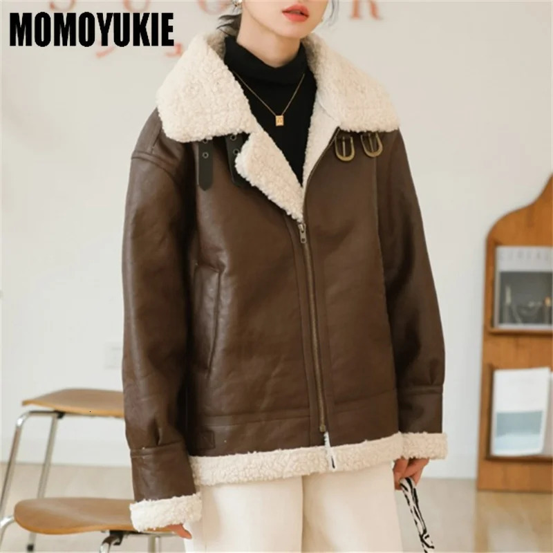 Winter Style Casual Loose Women Streetwear Faux Lamb Leather Fur Short Jacket Moto Biker Thick Warm Sheepskin Coat 241216