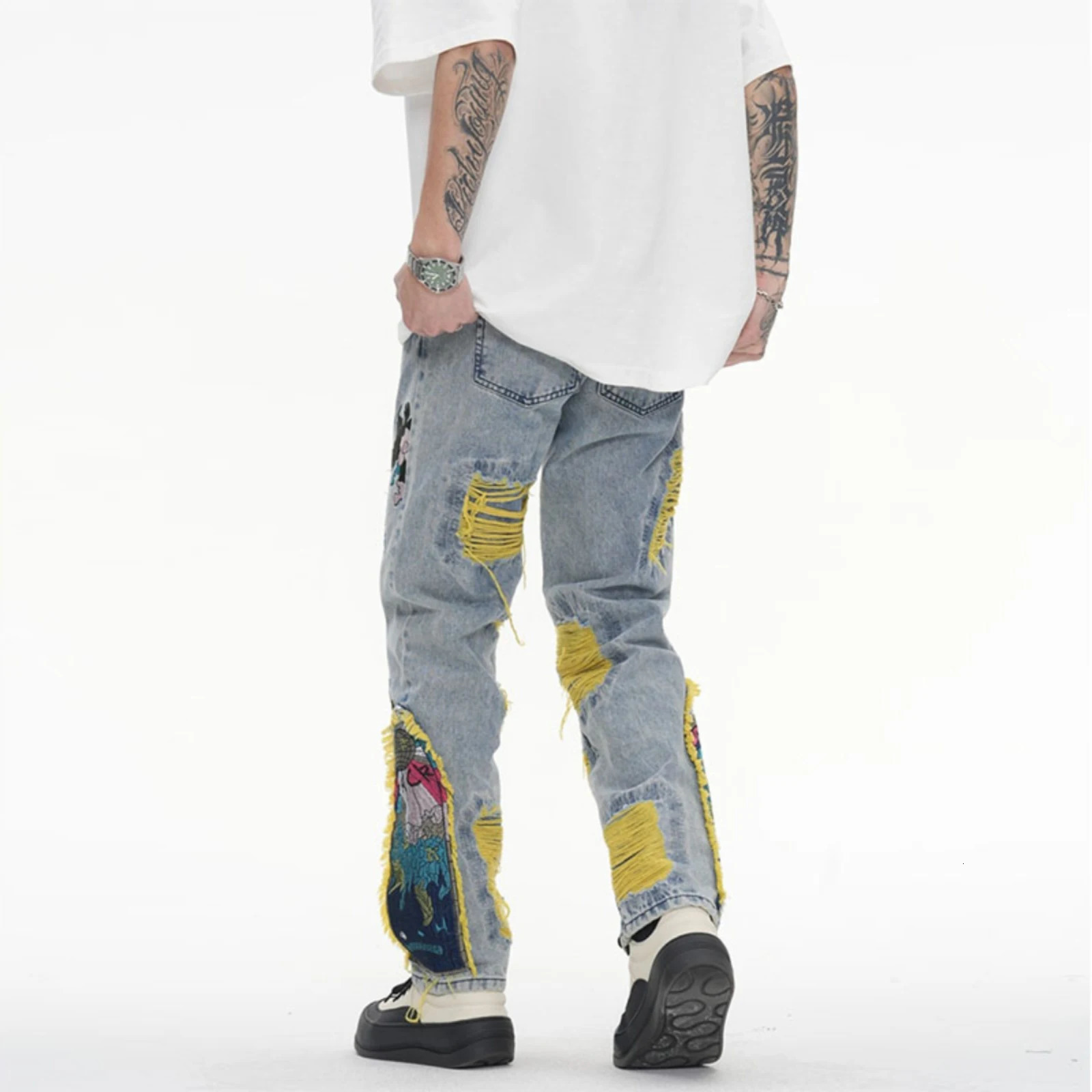 Harajuku Oil Painting ed Tassel Denim Ripped Jeans for Men Streetwear Washed Destroyed Pleated Straight Leg Pant Jean 241218