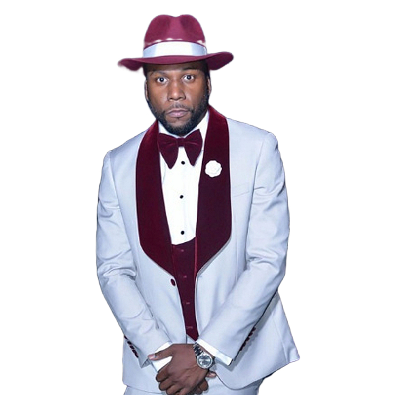 White And Burgundy Men Suits Slim Fit Wedding Tuxedos With Velvet Shawl Lapel 3 Pieces Handsome Formal Groom Wear Prom Party Blazer Dinner Jacket Pant
