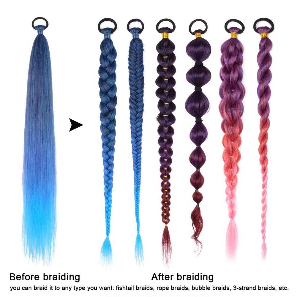 DIY 26 inch ponytail extension with elastic tie straight Sleek wrap braid yellow blue gradient ponytailXJ241221