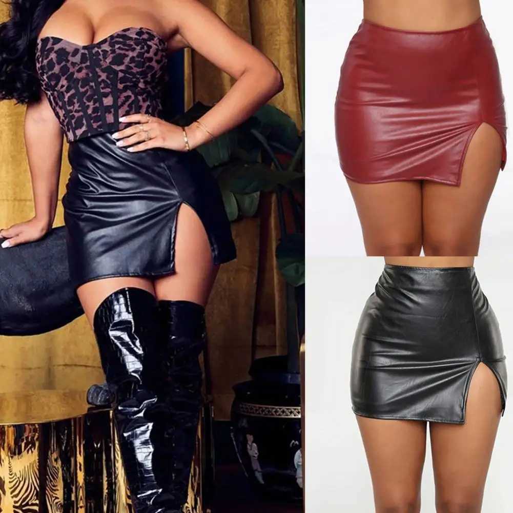 Women Leather Night Clubwear Skirts Summer Pure Color PU-leather Zipper Sexy Hip Leather MIni Skirts Faldas jer Moda 2022XJ241221