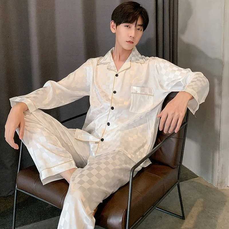 Boys Fashion Pajamas Mens 2024 Spring and Autumn Long sleeved Pants Pajamas Youth Thin Ice Silk Summer Casual Set Pajamas W241221