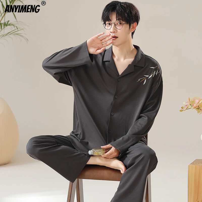 Autumn and winter mens cotton sleepwear long sleeved pants black and white sleepwear set plus size L-3XL lapel mens sleepwear W241221