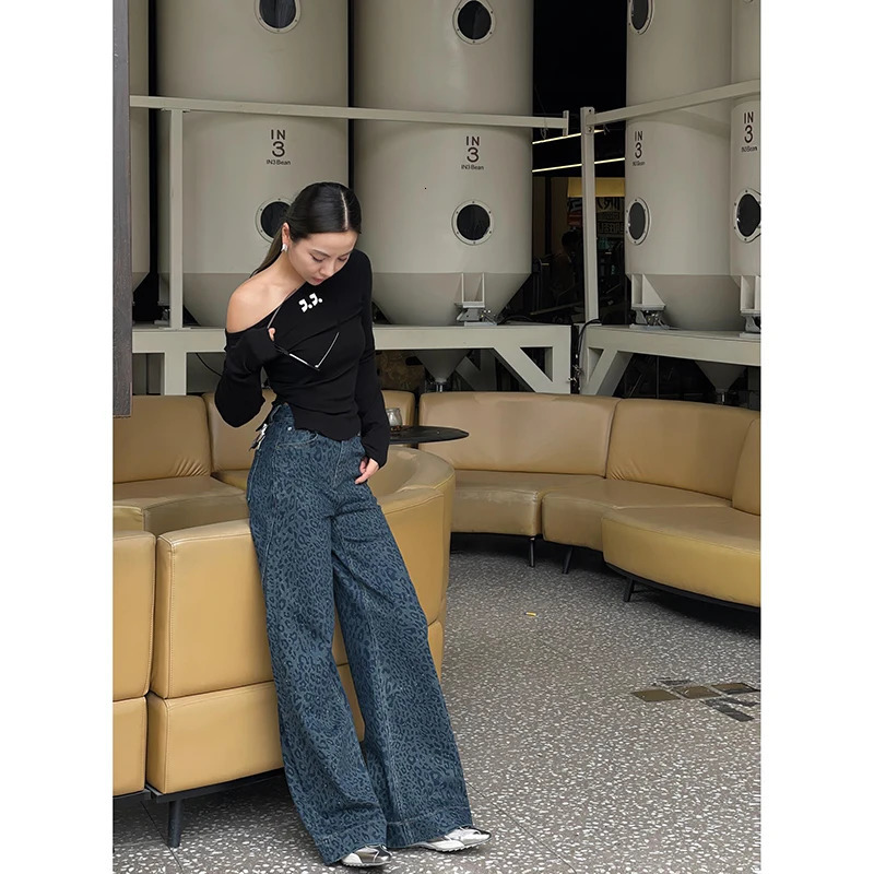 Womens Retro Wide Leg Baggy Blue Casual Denim Trouser Harajuku Aesthetic High Waist Loose Jeans Autumn Leopard Print Pant 241220