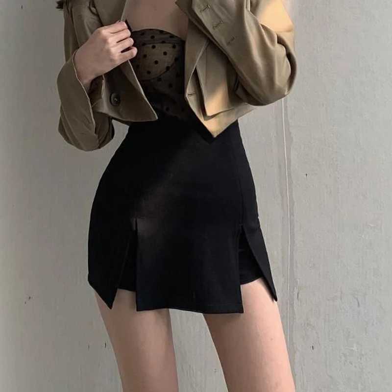 Women Sexy Irregular Short Skirt Black Split Korean High Waist Office Ladies Hip Wrap Skirt Fashion Solid A Line Mini Skirt NewXJ241221