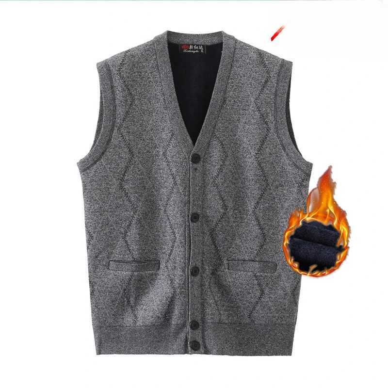 2024 Mens Autumn Winter New Plus Velvet Knitted Waistcoat Male V-neck Loose Cardigan Vest Men Sweater Sleeveless Coats A45XJ241221