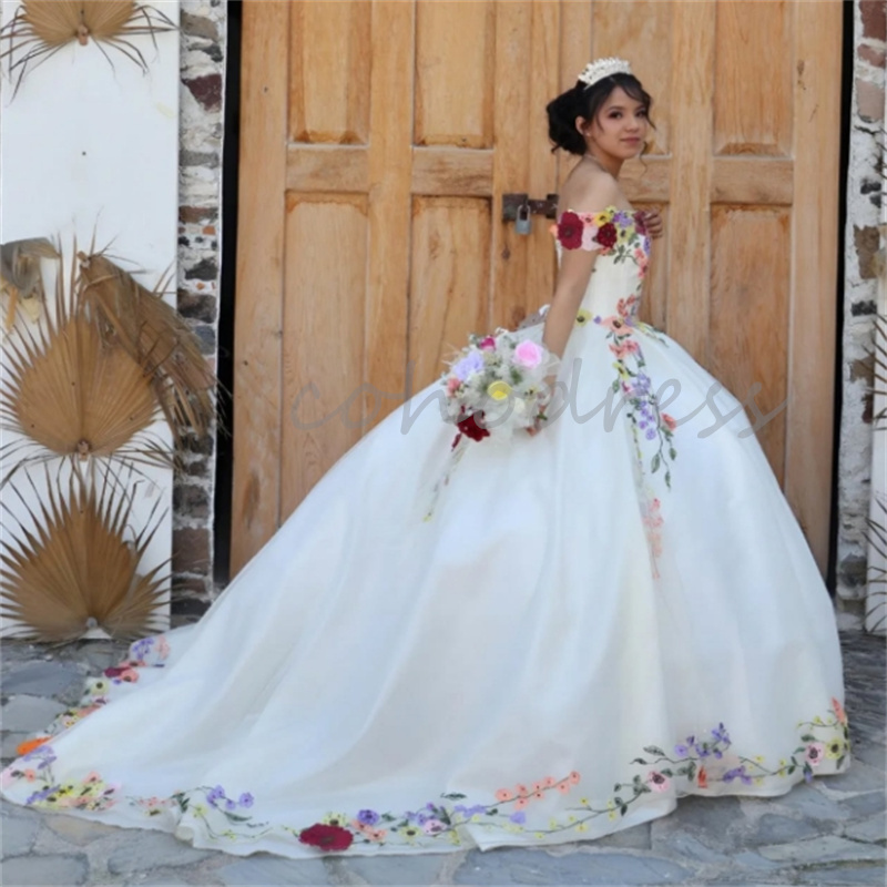Beautiful Flowers Quinceanera Dress Charro Mexican Off Shoulders Ball Gown Sweet 16 Dress Fifteen Birthday Vestidos De 15 Anos Xv Debutante Princess P