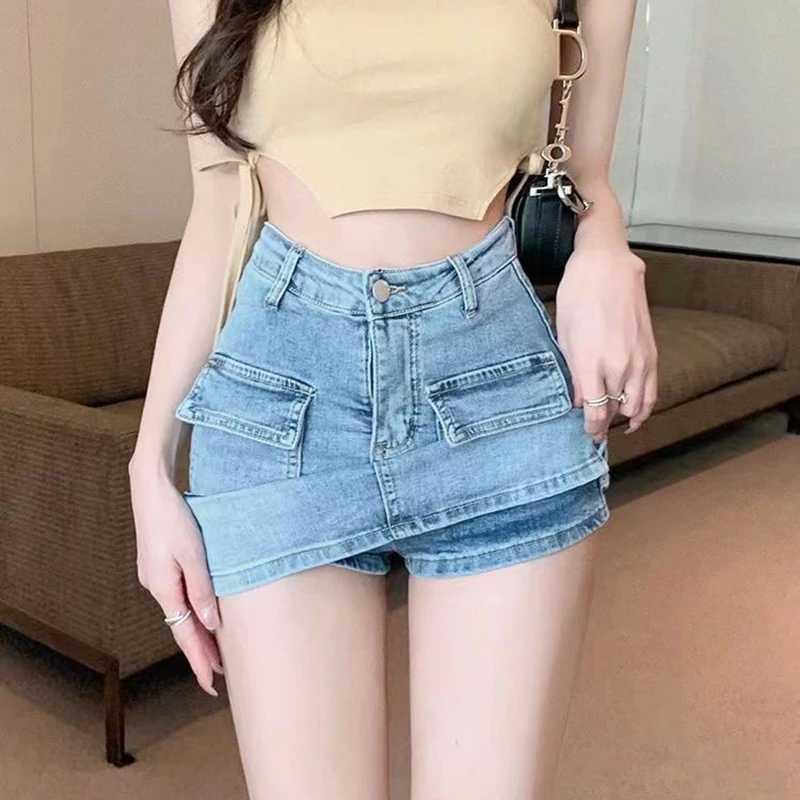 Summer New Workwear Denim Short Skirt Slit Skirt European And American Hot Girls High Waist A- line Pocket Hip SkirtXJ241221
