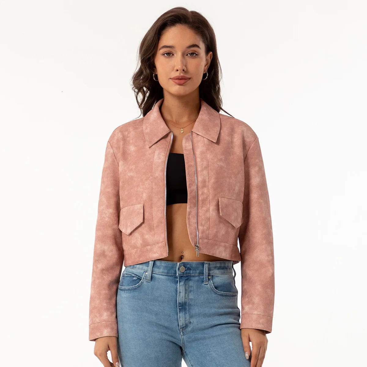 Spring Autumn Womens Leather Jacket Lapel Zipper Thin Long Sleeved Casual Coat Clothing 241216