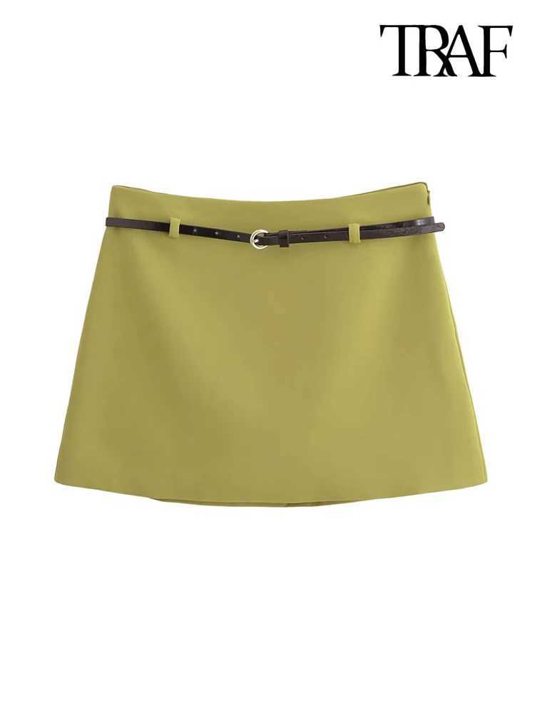 TR-Womens Mid Waist Solid Mini Skirt with Belt Side Zipper Fe Skirts FashionXJ241221