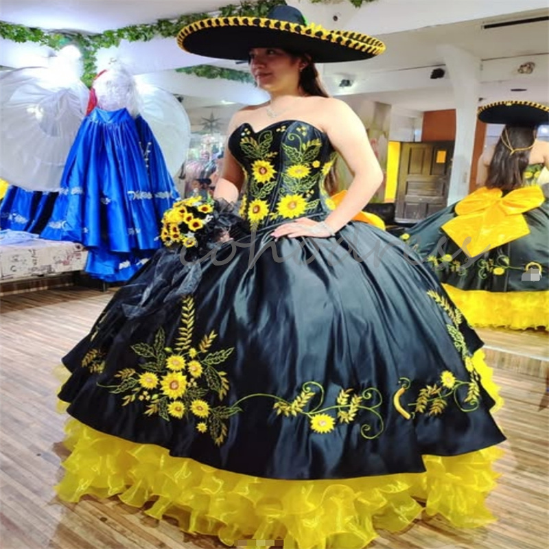 Mexican Theme Black Quinceanera Dress Charro Embroidery Flower Birthday Party Gown With BowVestidos De 15 Anos Xv Debutante Halloween Cosplay Sweet 16