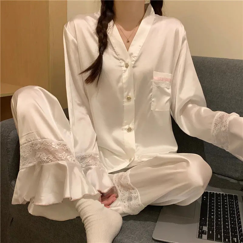 2pcs Silk White Elegant Casual Women Lady Satin Pajamas Set Pyjama Sleepwear Nightwear Loungewear Homewear Set Woman 2 Pieces 241217