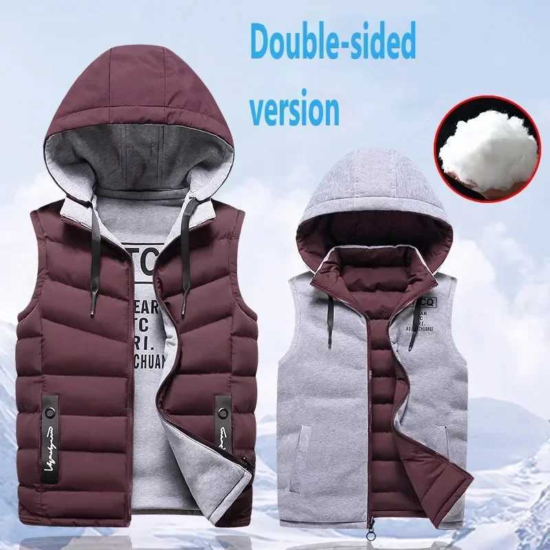 Mens Winter Warm Sleeveless Vest Jacket Down Jacket 2024 Mens Hooded New Vest Reversible Removable Hat Outer Top S-4XLXJ241221