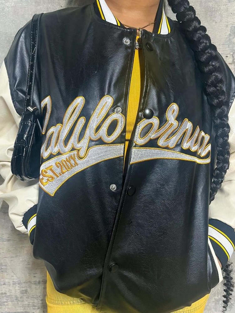 Sifreyr PU Leather Bomber Jacket Women Y2k Letter Long Sleeve Uniform Varsity Baseball Jackets Streetwear Oversized College Coat
