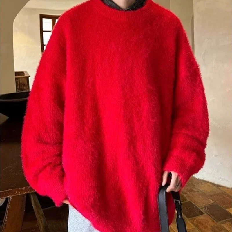Autumn Mens Solid Fluffy Knitted Sweaters Korean Fashion Loose Warm Pullovers Winter Couples Y2K Vintage Knitwear Jumpers 241220