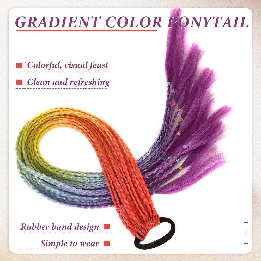 Synthetic Rainbow Color Braids Pony Tail with Elastic Band Colorful Braided Ponytail Hair Extension 24 Inches for Women GirlsXJ241221