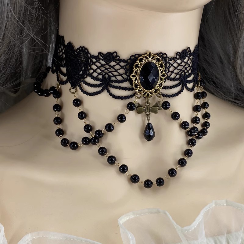 Fashion Velvet Choker Necklace for Women Vintage Onyx Sexy Lace Necklace with Pendants Gothic Girl Neck Jewelry Accessories Lolita Goth Choker Tassel 
