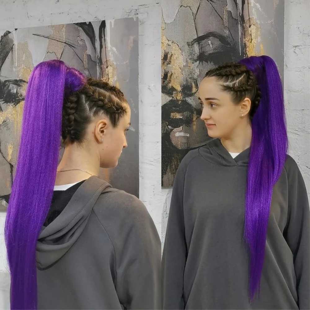 2 Pack Pink Ponytail Extension with Elastic Tie Straight Sleek Wrap Around Braid Ponytail Purple 26 Inch (Purple#)XJ241221