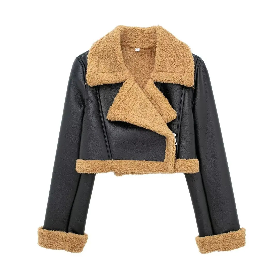 Women Double Faced Biker Jacket Faux Leather Warm Lambswool Thicken Tabbed Lapel Female Short Coat PU Outerwear 241216