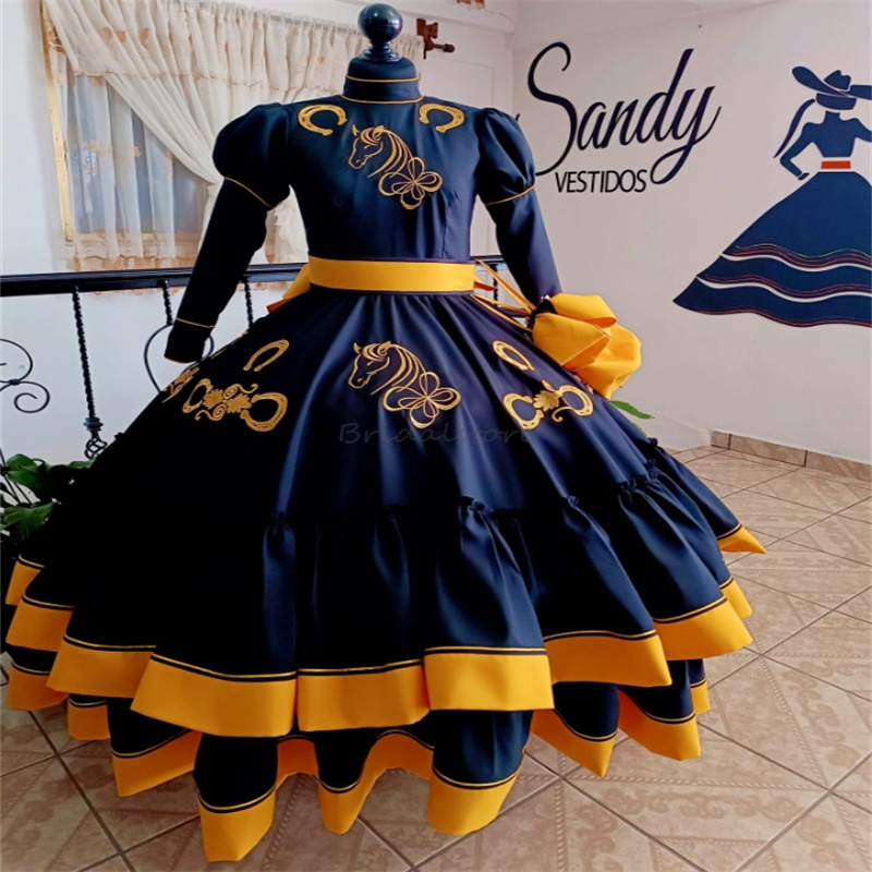 Mexican Black Quinceanera Dress Charro Embroidery Horse Long Sleeve Birthday Party Sweet 16 Vestidos De 15 Anos Xv Debutante Costume Gothic Halloween 