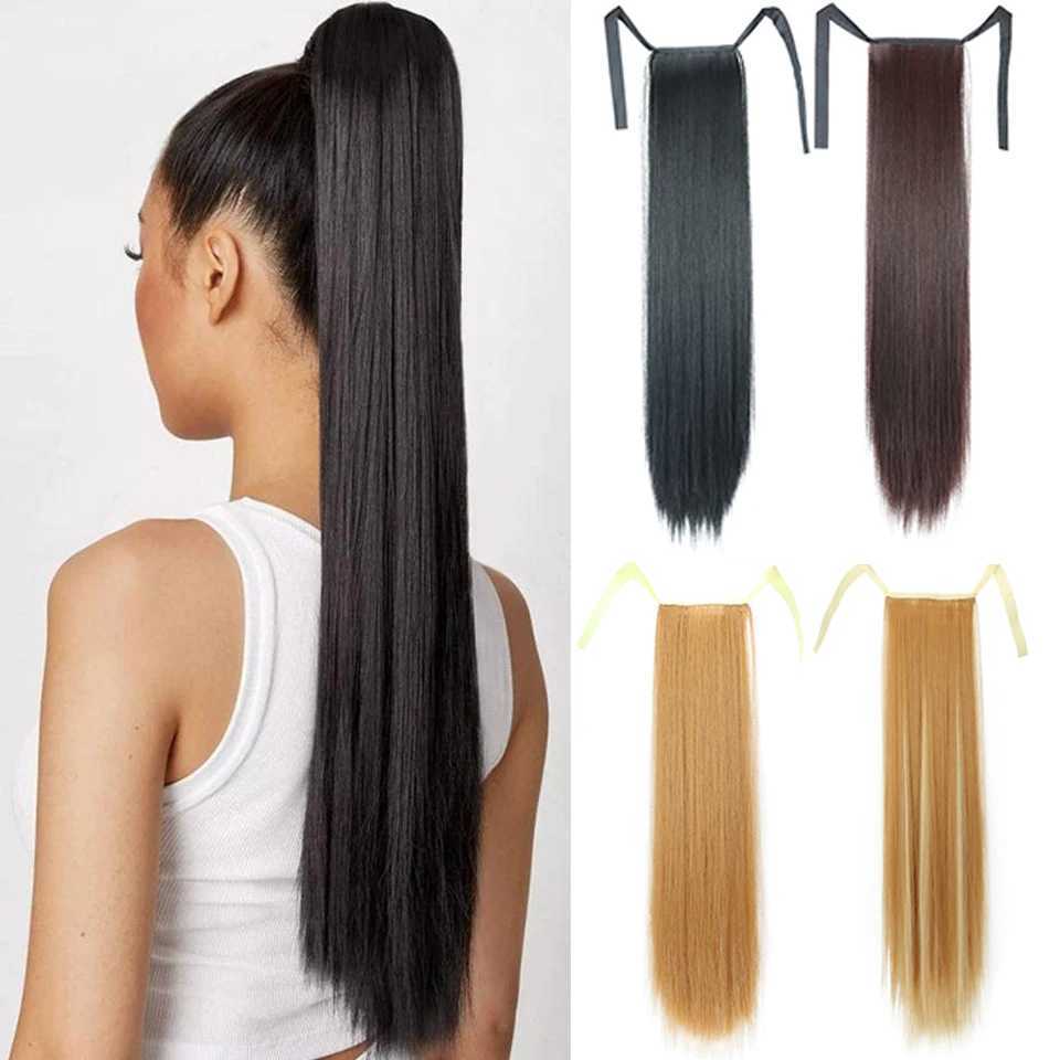 Synthetic Hair 22 Long Straight Heat-Resistant Straight Hair With Ponytail Fake Hair p-in Natural Hairpiece HeadwearXJ241221