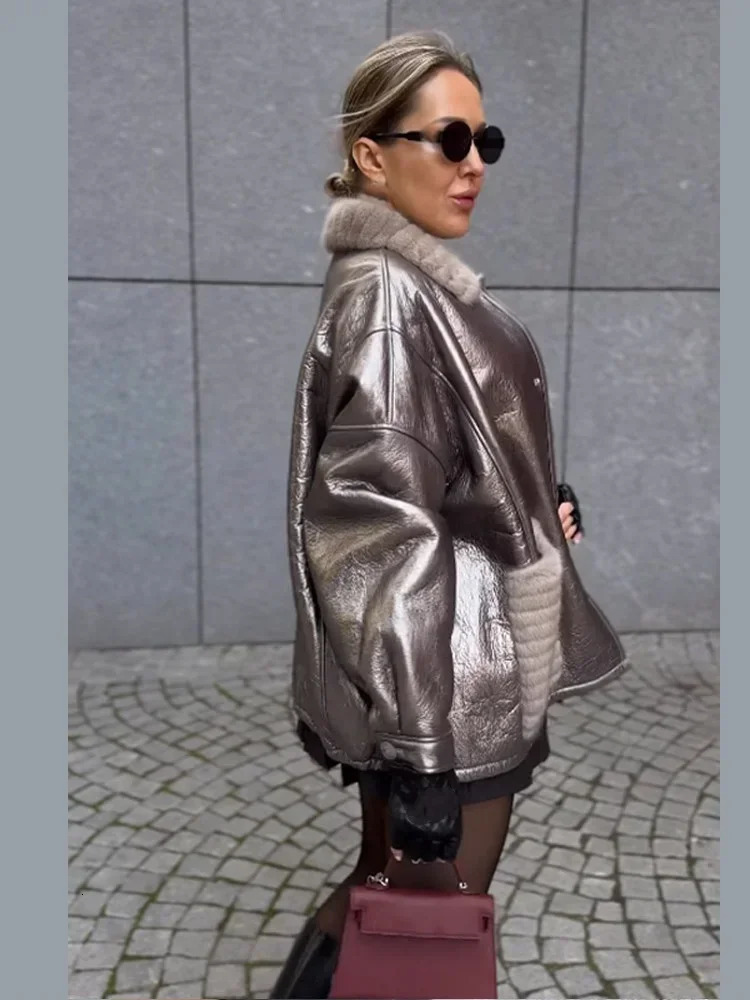 Silver Fur Leather Patchwork Lapel Coat Women Single Breasted Pockets Long Sleeve Jackets Chic Female Streetwear 241216