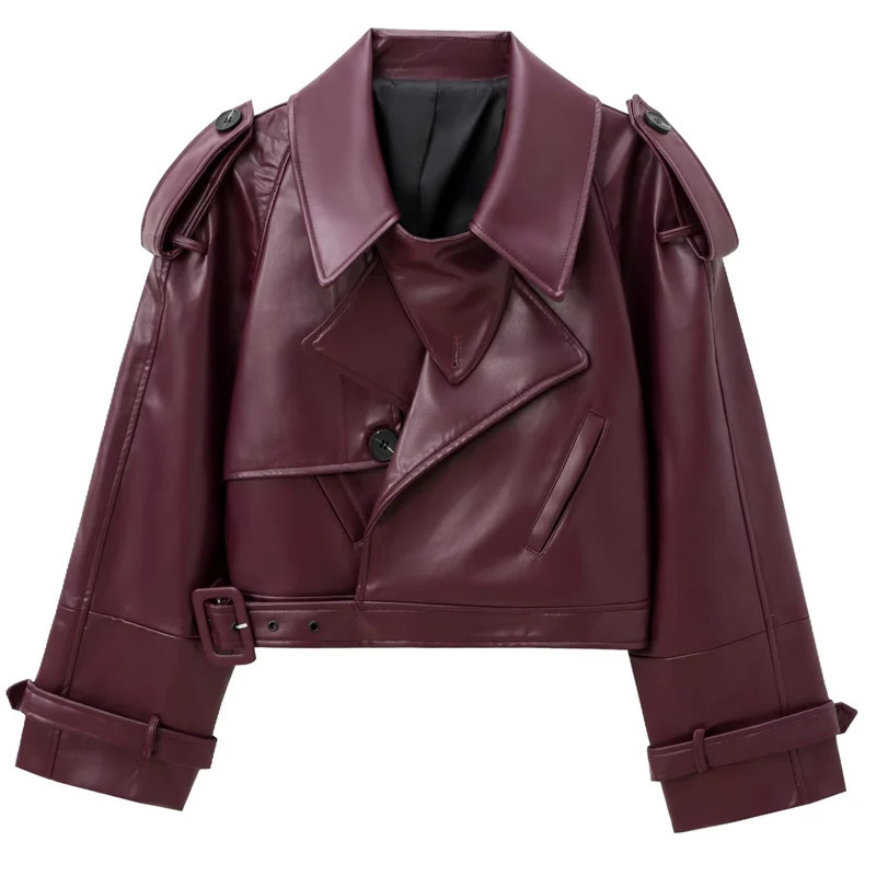 HXAO Leather Cropped Jacket Womens Bomber DemiSeason Outerwears Moto Biker Zipper Pu Streetwear Coat 241216