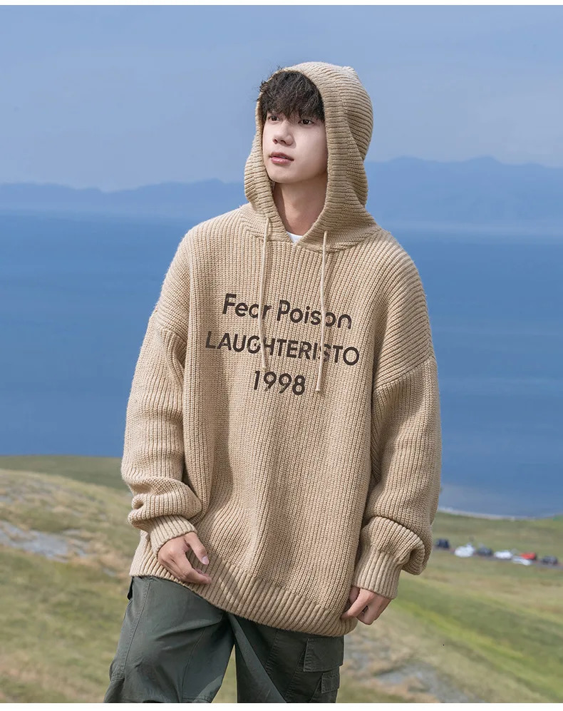 Velvet Hollow Hole Breaking Knit Sweater Mens Autumn Winter Models Loose Lazy Wind Hooded Pullover Sweater Top Warm 241220