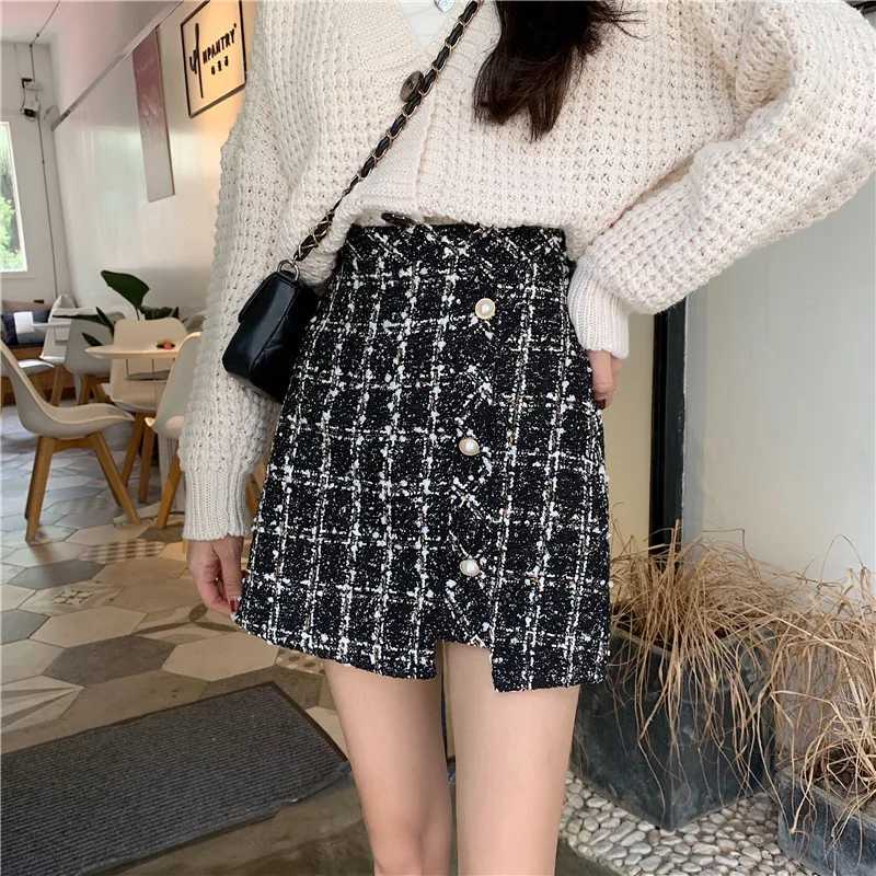 Vintage Plaid Tweed Skirts Thicken Women 2022 Winter Ele Single-Breasted Short Mini Skirt High Waist Fe A-line SkirtXJ241221