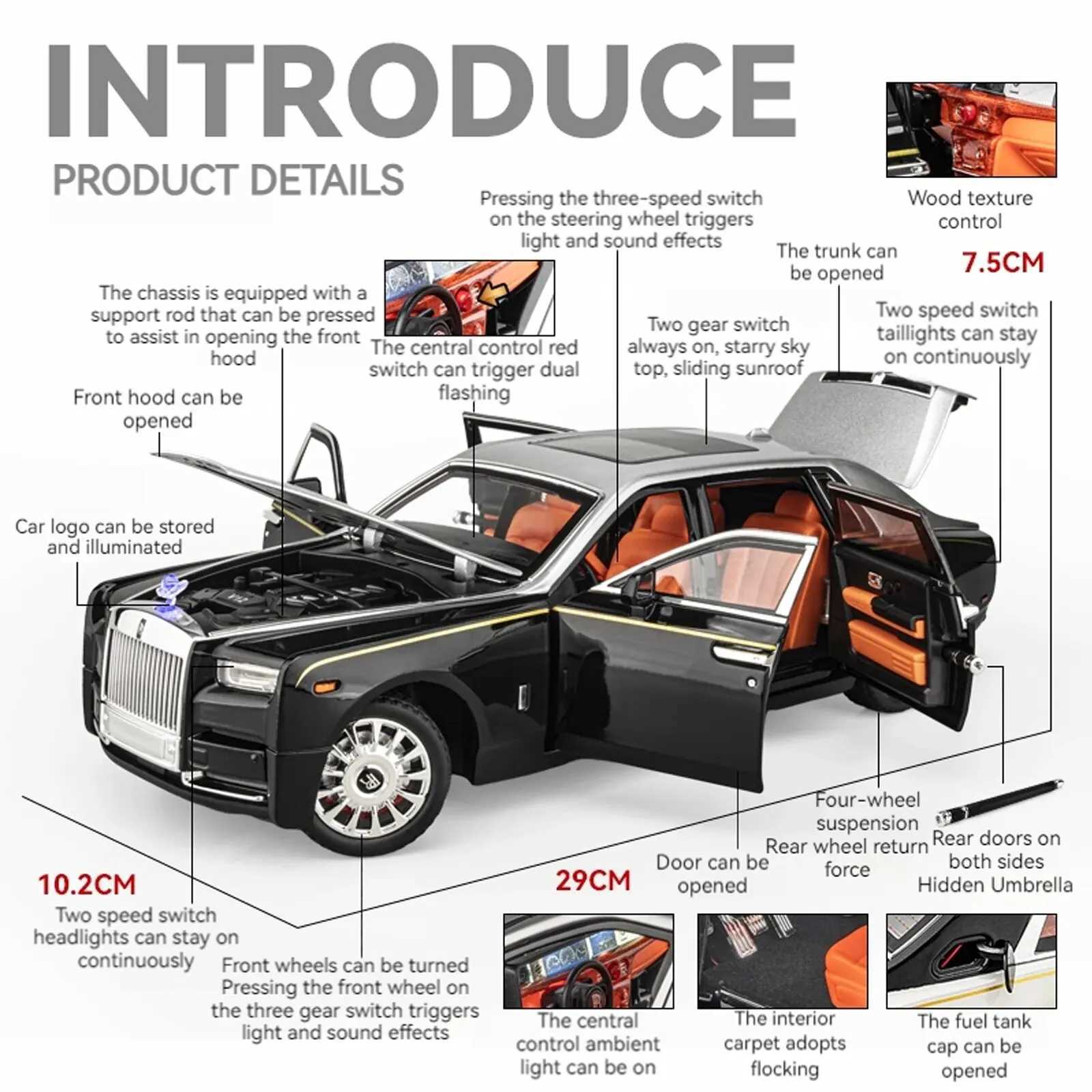 1 18 Rolls-Royce Phantom Model Car Zinc Alloy Pull Back Toy Diecast Car with Sound and Light Realistic Modeling Model ToyXJ241221