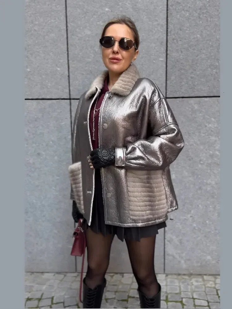 Silver Fur Leather Patchwork Lapel Coat Women Single Breasted Pockets Long Sleeve Jackets Chic Female Streetwear 241216