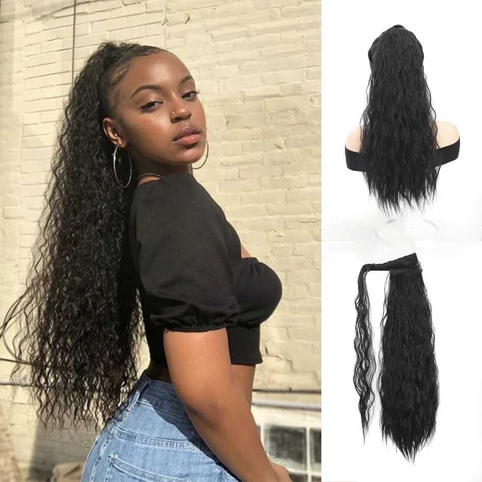 Allaosify synthetic high temperature silk 16 -30 corn beard ponytail long hair curly ponytailXJ241221