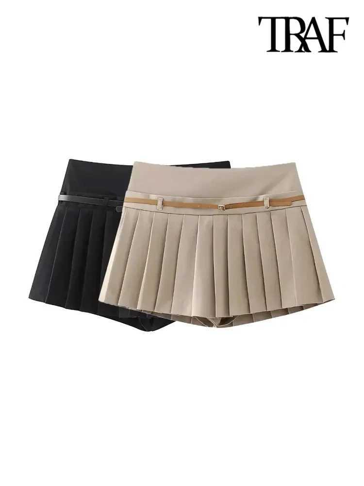 TR-Pleated Shorts Skirts for Women With Belt Side Zipper Mid Waist Fe Skort Chic FashionXJ241221