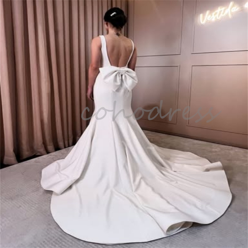 Minimalist Boho Wedding Dress Spaghetti Straps Square Satin Country Bridal Gowns Sexy Backless Bow Beach Bride Plus Size Gelinlik Vestio De Novia 2025