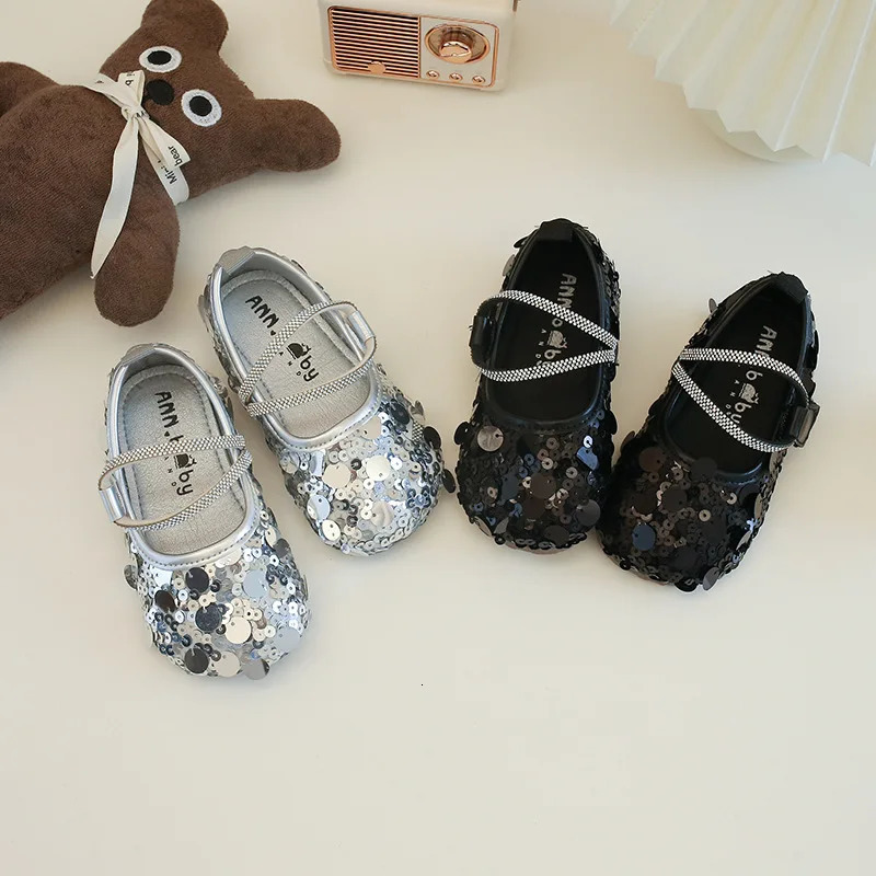 Sparkly Girls Leather Princess Shoes Wedding Party Baby Girl Sequined Children Dress Shoes Gracefully Shallow Footwear H08101 241220